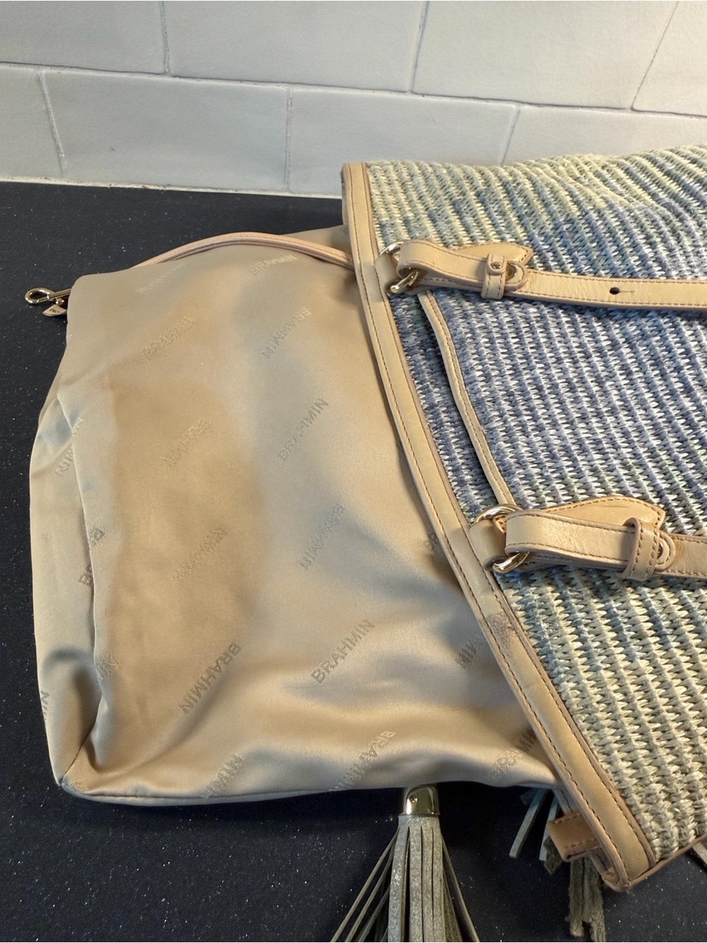 Brahmin Med Bowie Zip-top Blue-GreenWoven Tote with Tan Leather Trim - Picture 9 of 13